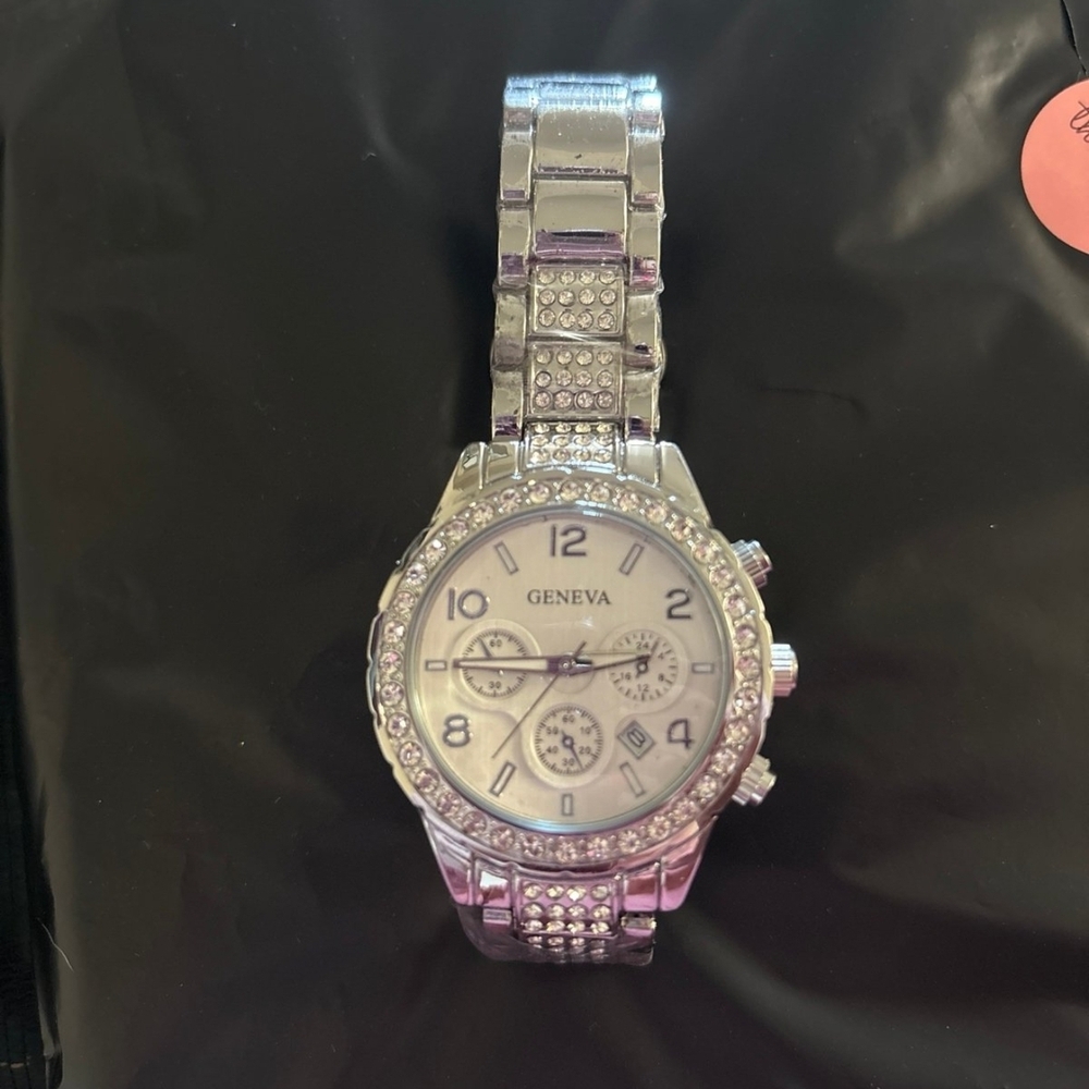 Geneva Silver Chronograph Watch with Crystal Details